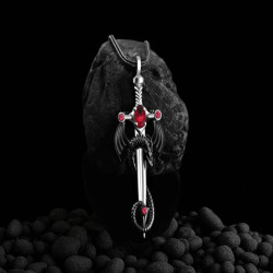 Collier cordon cuir noir avec épée et dragon rouge
