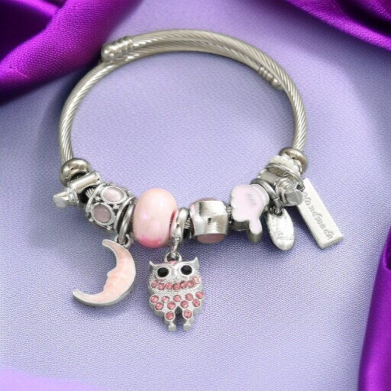 Bracelet argenté charms hibou rose Acier