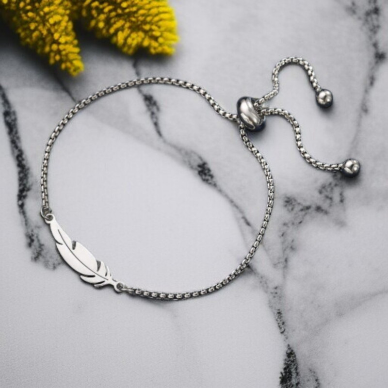 Bracelet argenté coulissant avec plume Acier