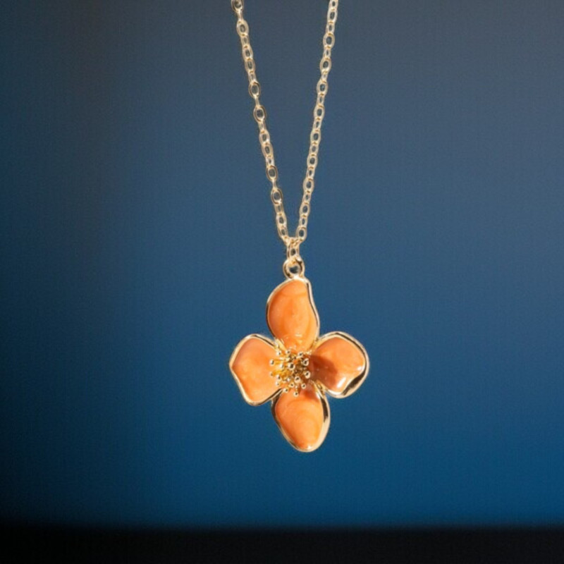 Collier doré fleur 4 pétales oranges