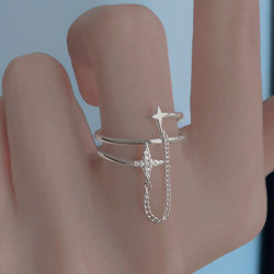 Bague ajustable argenté étoiles et chaînette Plaqué or blanc