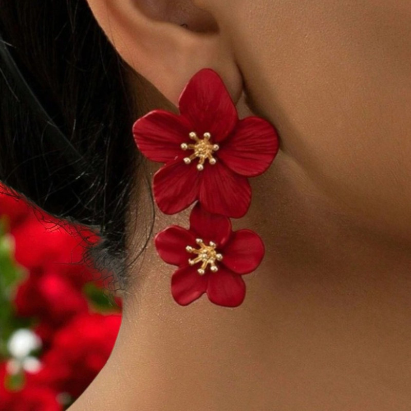 Boucles d'oreilles dorées double fleurs rouges