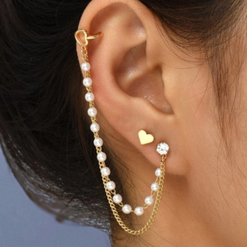 Boucles d'oreilles dorées coeur et perles blanches avec clip