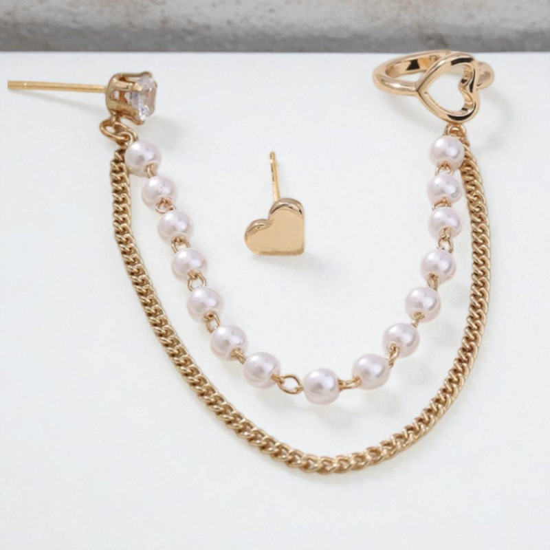 Boucles d'oreilles dorées coeur et perles blanches avec clip