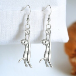 Boucles d'oreilles argentées chat et strass Plaqué or blanc