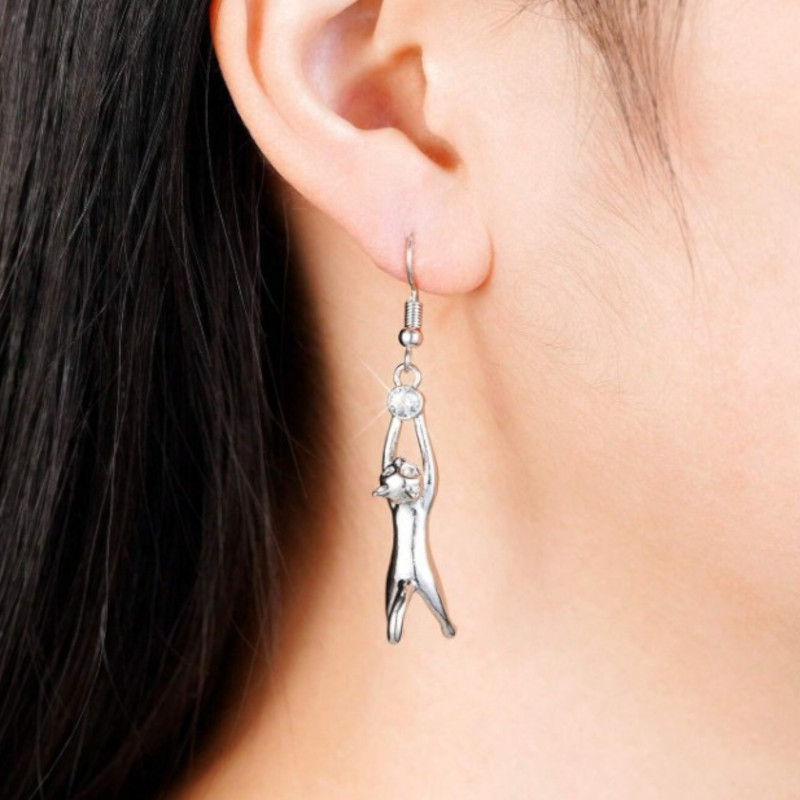 Boucles d'oreilles argentées chat et strass Plaqué or blanc