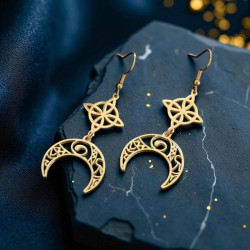 Boucles d'oreilles dorées noeud de sorcière et croissant de lune Acier