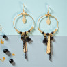 Boucles d'oreilles dorée rondes noires avec feuille