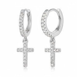 Boucles d'oreilles argentées croix zircon Plaqué or blanc
