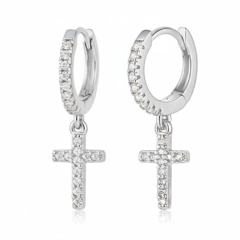 Boucles d'oreilles argentées croix zircon Plaqué or blanc