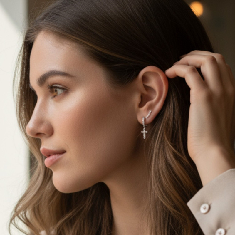 Boucles d'oreilles argentées croix zircon Plaqué or blanc