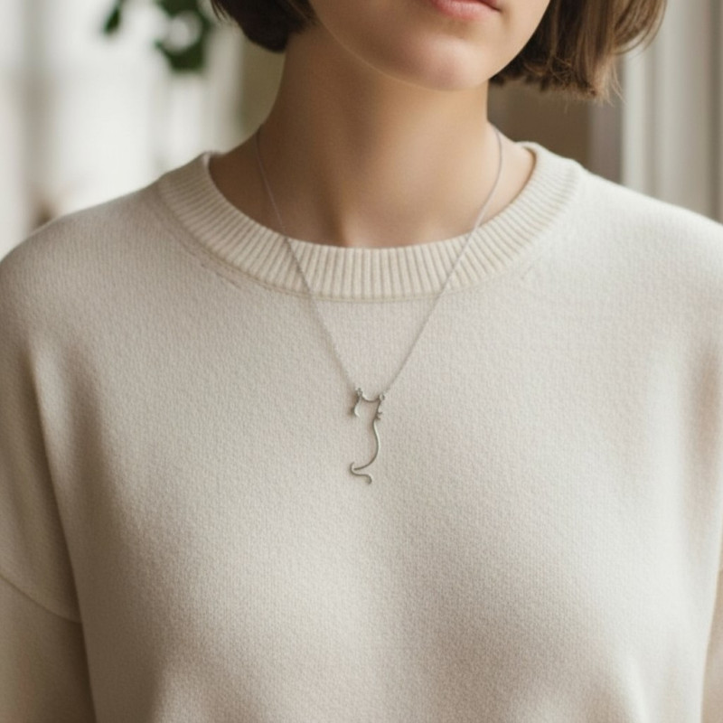 Collier argenté chat abstrait Acier