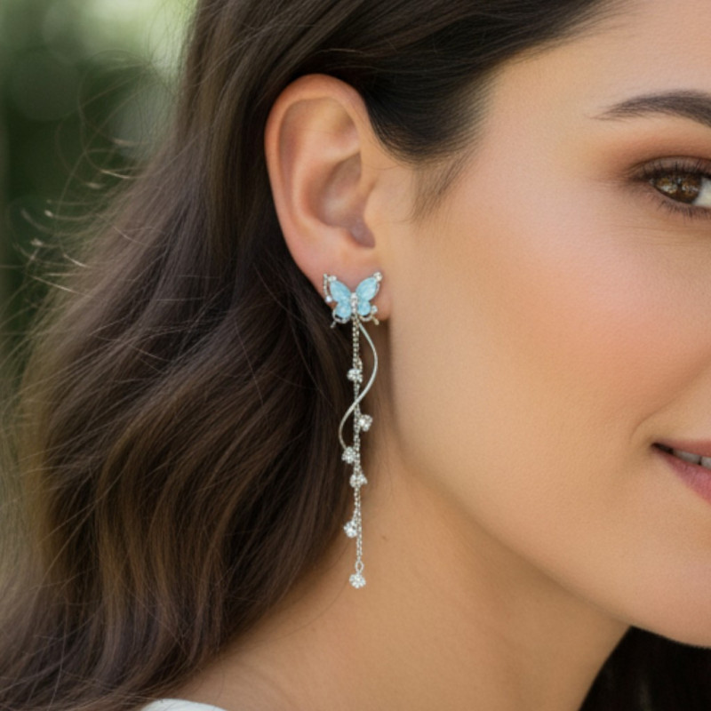 Boucles d'oreilles torsadées argentées papillon bleu