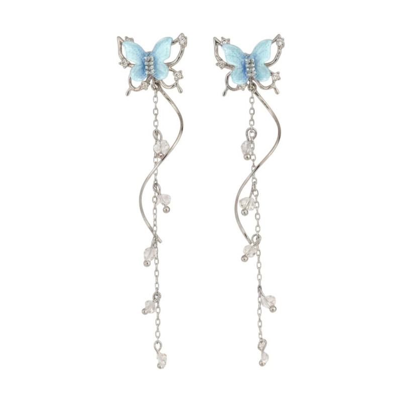 Boucles d'oreilles torsadées argentées papillon bleu
