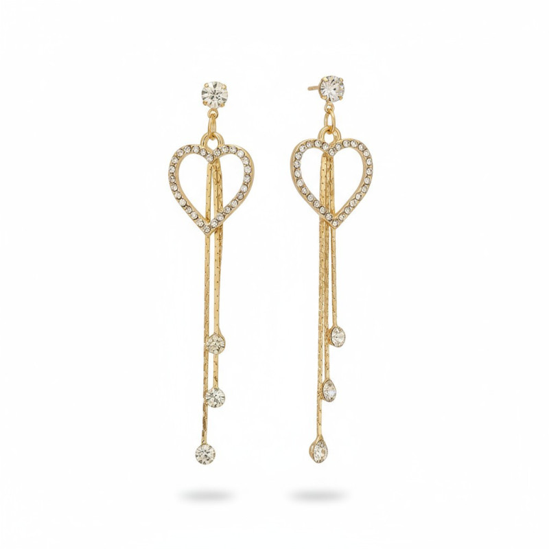 Boucles d'oreilles pendantes dorées coeur et strass