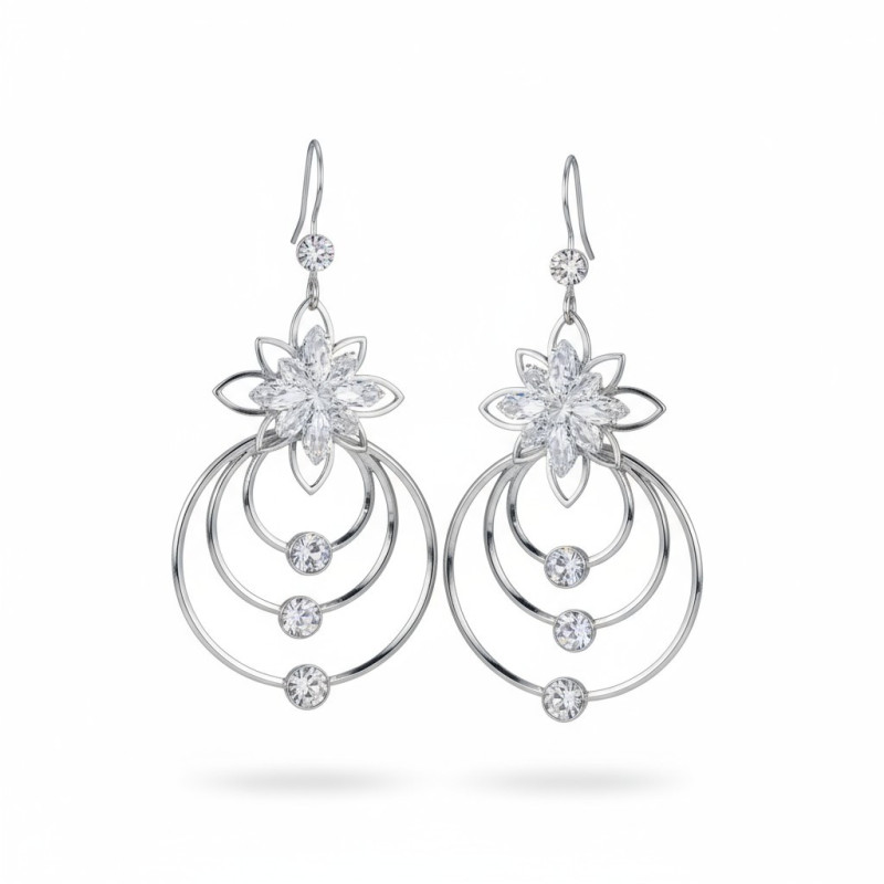 Boucles d'oreilles argentées anneaux et fleurs