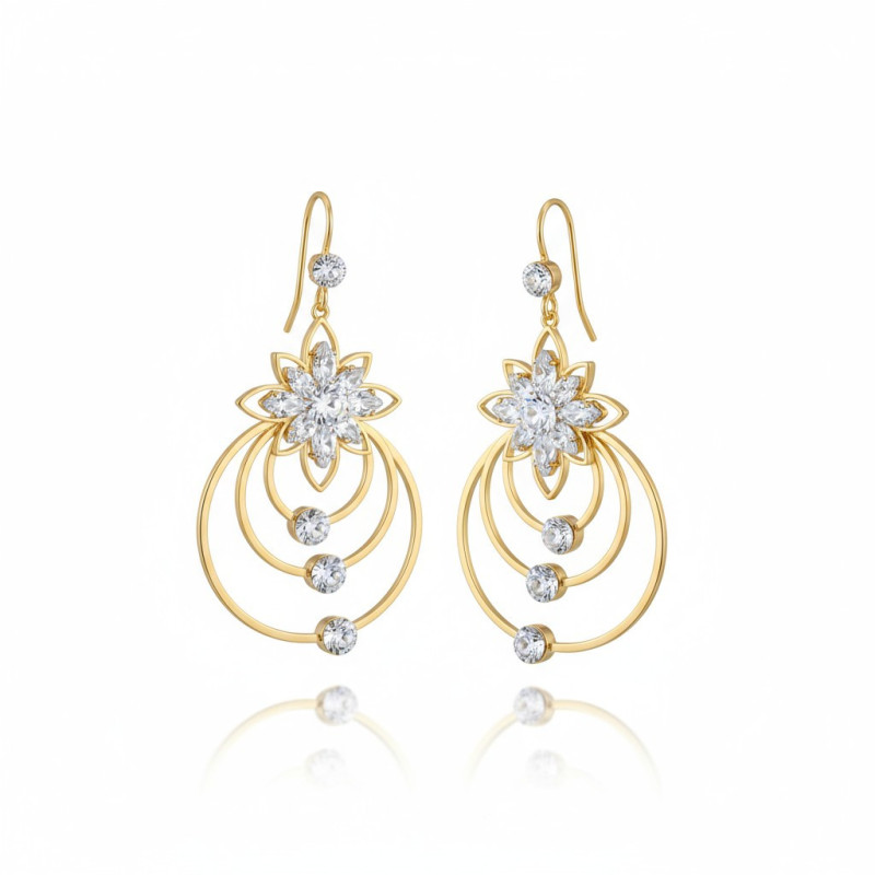 Boucles d'oreilles dorées anneaux et fleurs