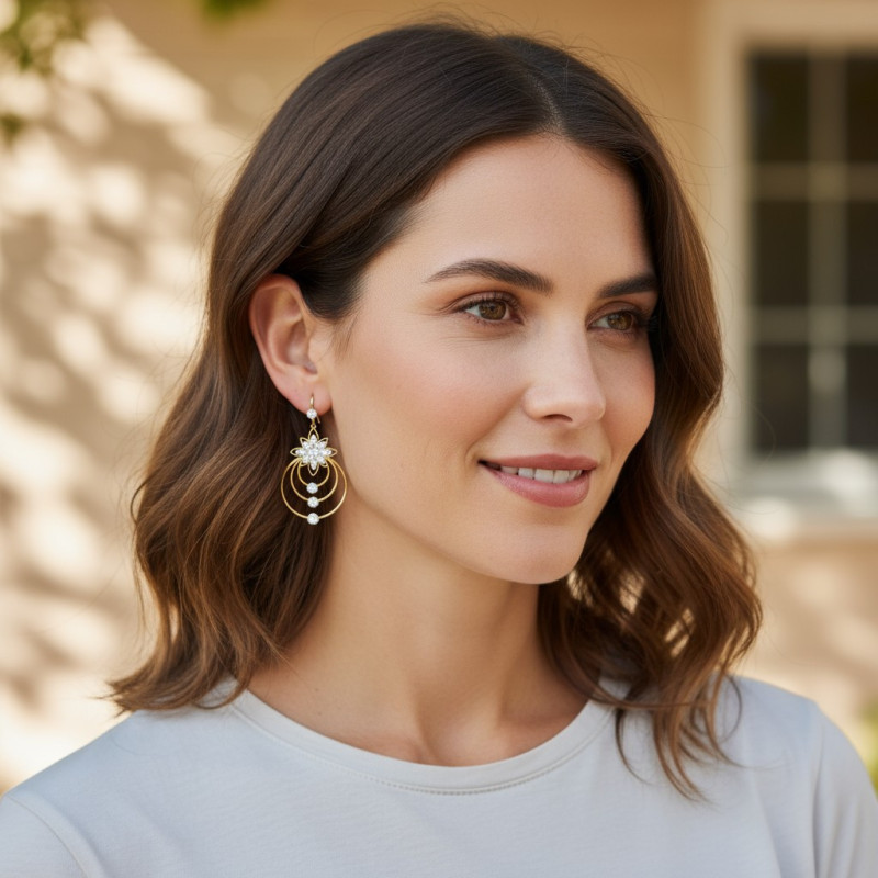 Boucles d'oreilles dorées anneaux et fleurs