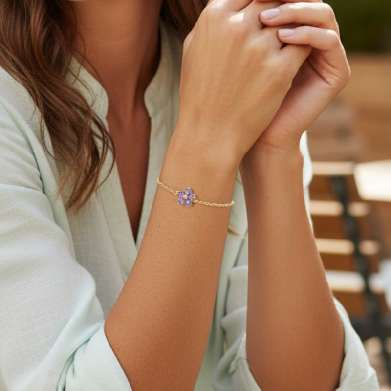 Bracelet doré fleurs zircon violet Acier
