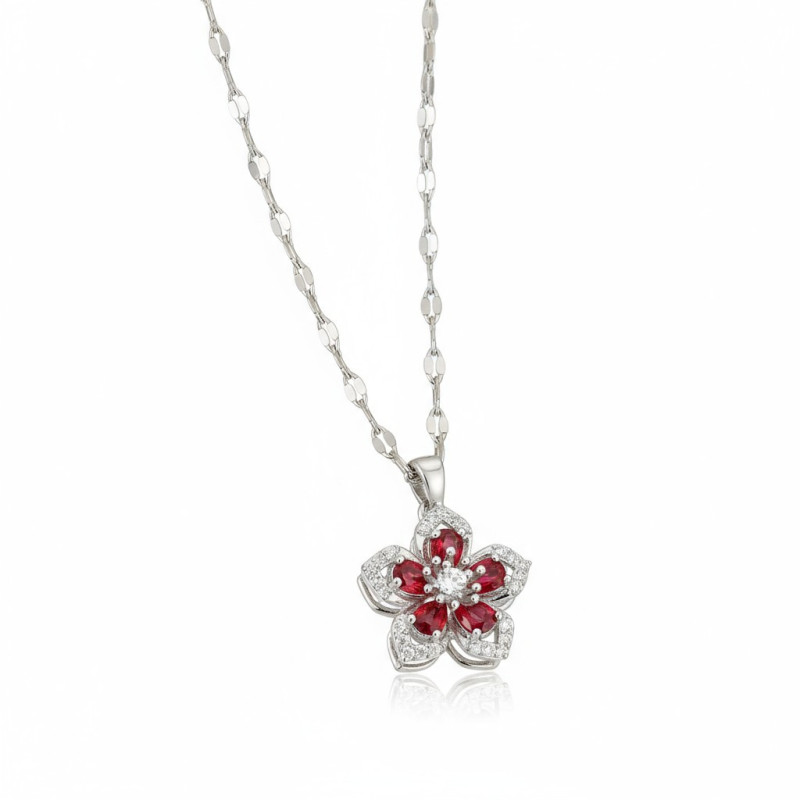Collier argenté fleur rouge rotative Acier