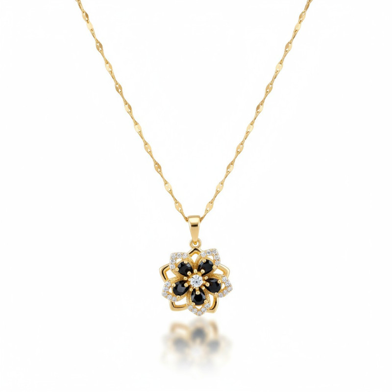 Collier dorée fleur noire rotative Acier