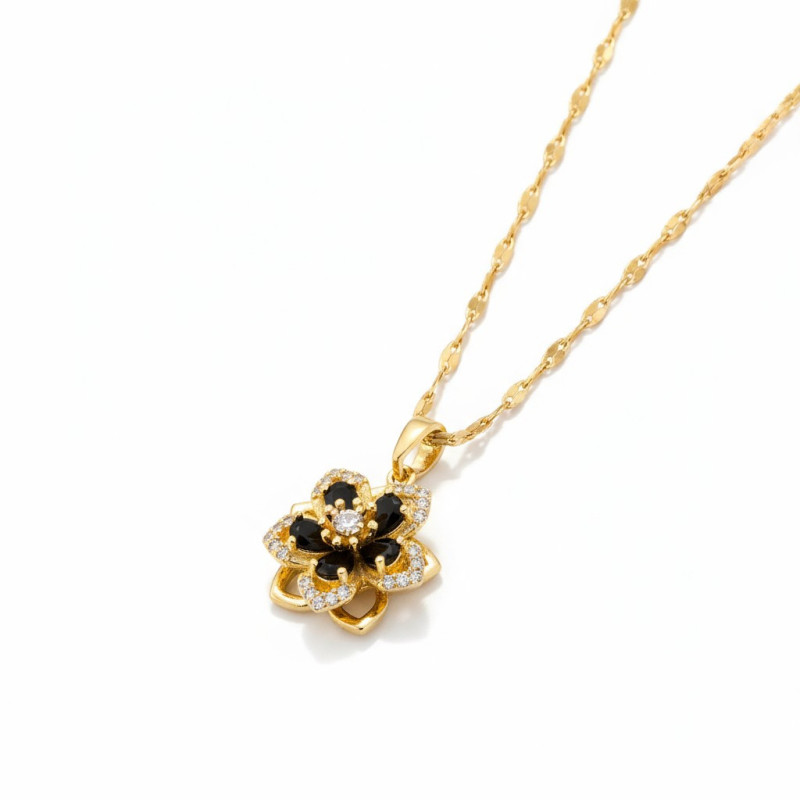 Collier dorée fleur noire rotative Acier