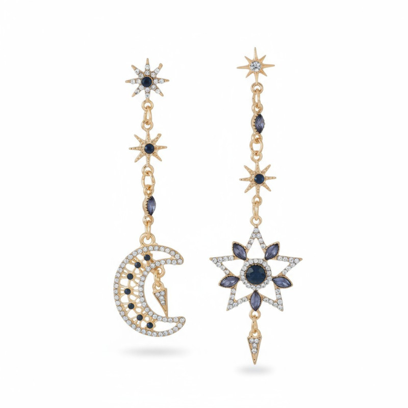 Boucles d'oreilles asymétriques dorées étoile et lune bleus
