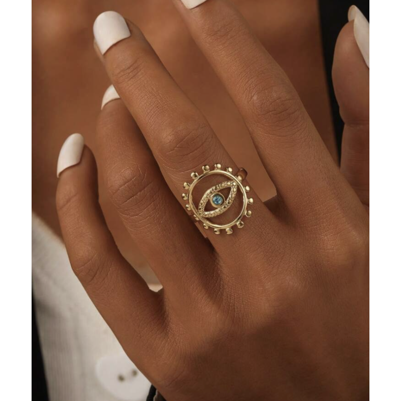 Bague ajustable dorée oeil bleu Acier