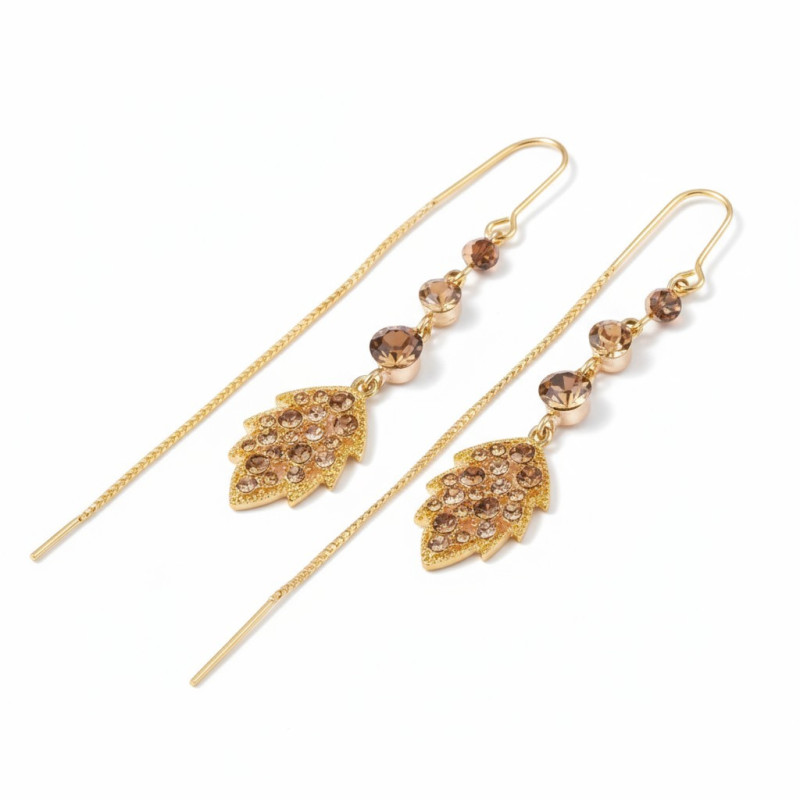 Boucles d'oreilles suspendues dorées feuilles marrons