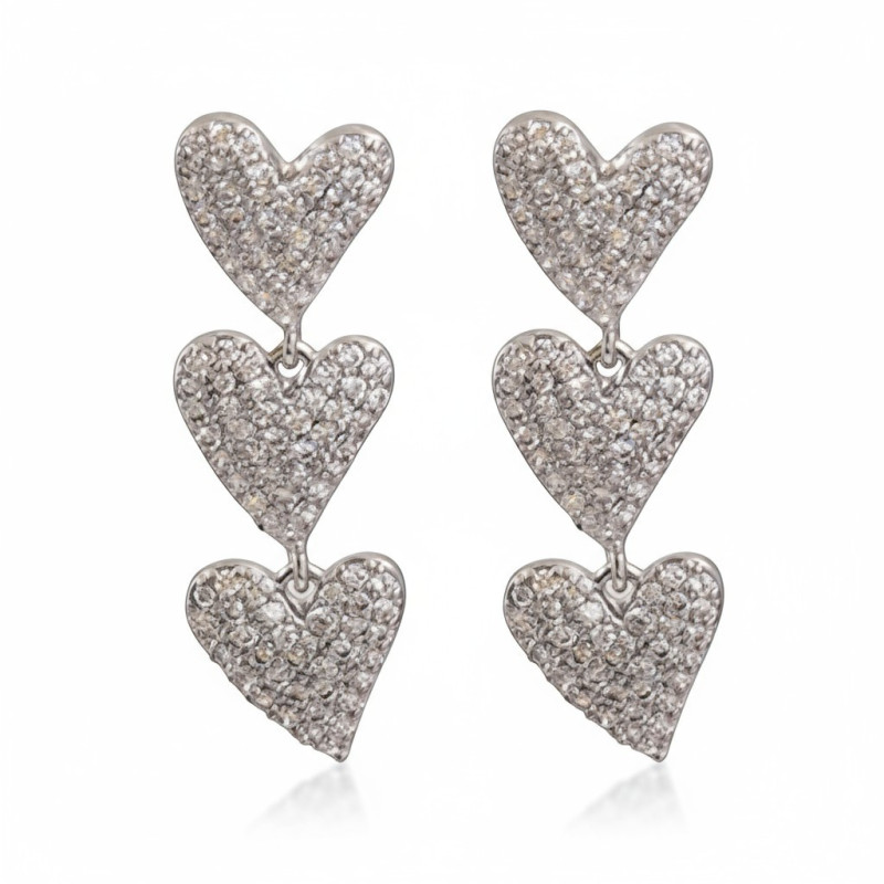 Boucles d'oreilles argentées cœurs et strass