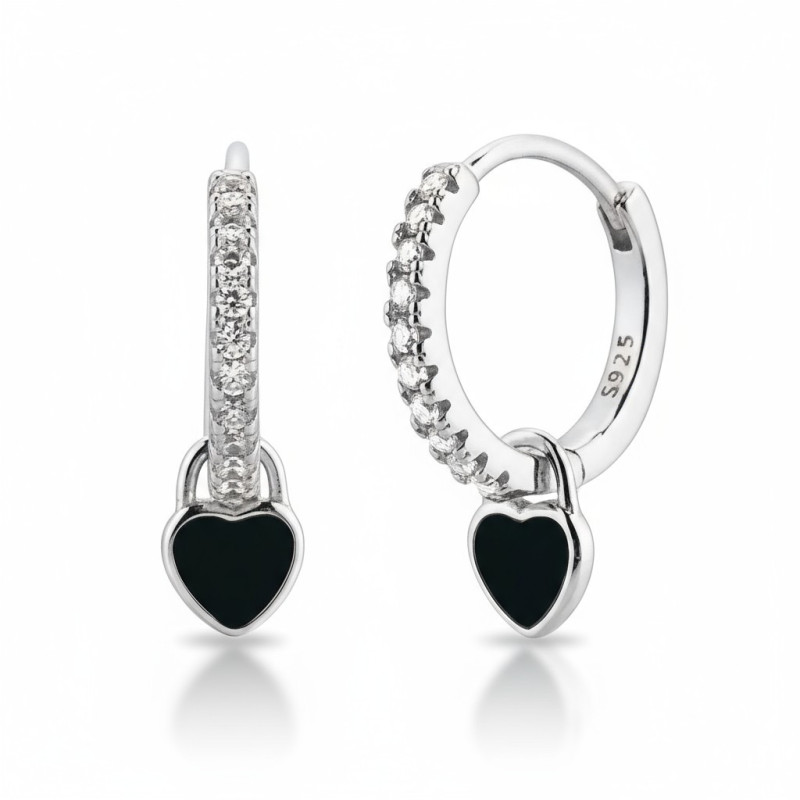 Boucles d'oreilles argentées coeurs noirs Argent 925