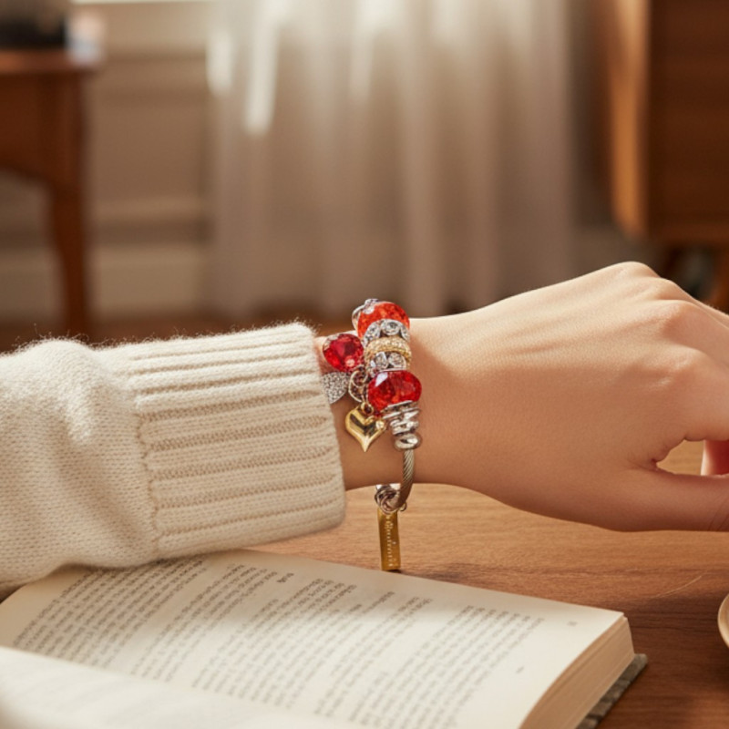 Bracelet charms argenté papillon rouge Acier