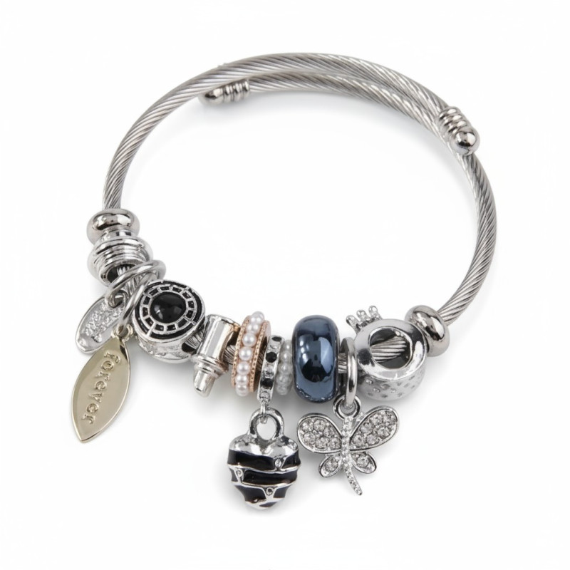 Bracelet charms argenté coeur noir et libellule Acier