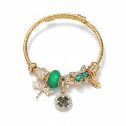 Bracelet charms doré libellule et papillon vert Acier