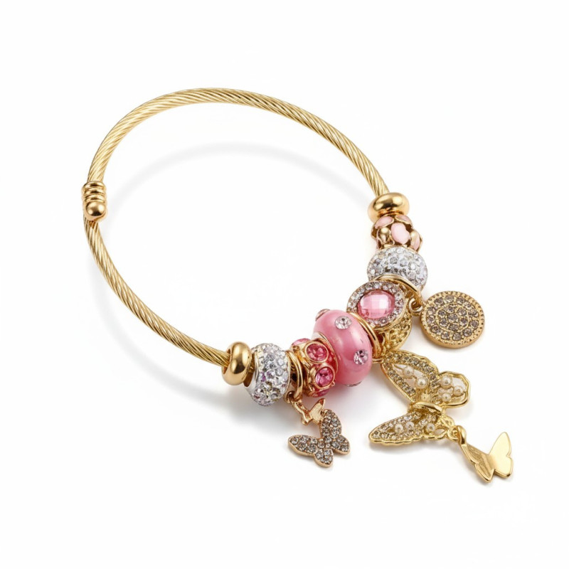 Bracelet charms doré papillon et perles roses Acier