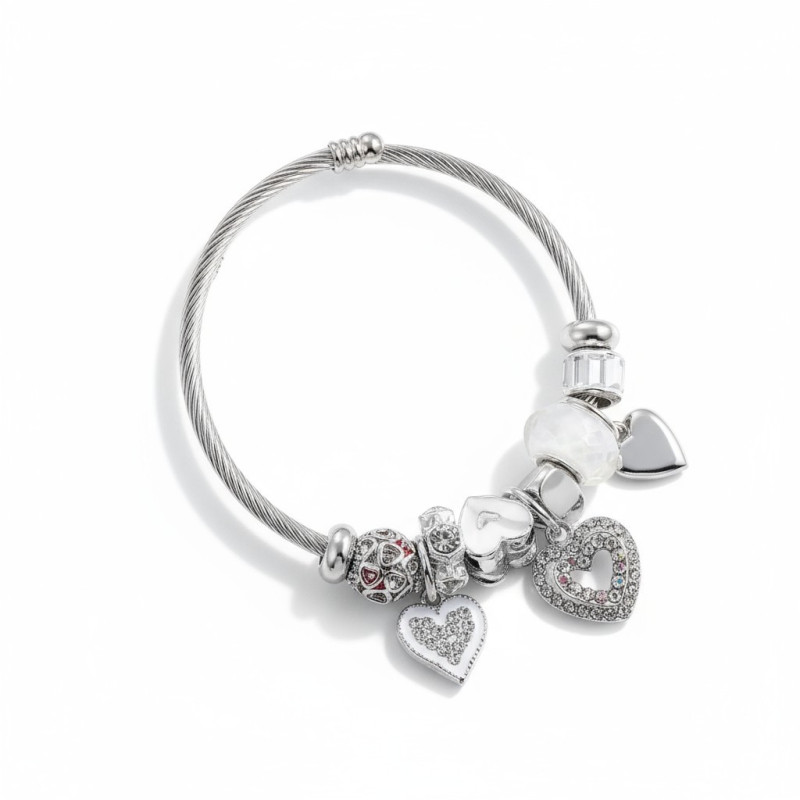 Bracelet charms argenté coeur blanc Acier