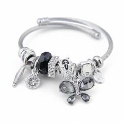 Bracelet charms argenté papillon noir Acier