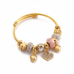 Bracelet charms doré coeur et perles roses Acier