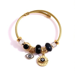 Bracelet charms doré mauvais œil et perles noires Acier
