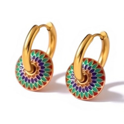 Boucles d'oreilles dorées mandala multicolore Acier