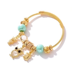 Bracelet charms doré hibou et perles bleues Acier