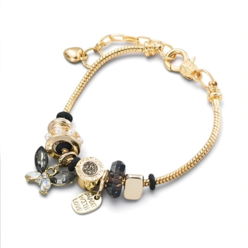 Bracelet charms ajustable doré papillon noir