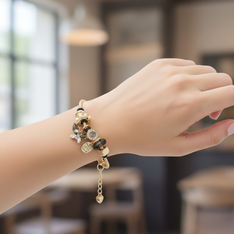 Bracelet charms ajustable doré papillon noir