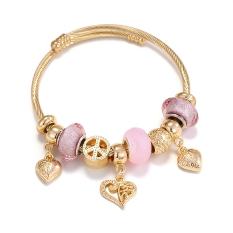 Bracelet charms doré coeurs roses et peace and love Acier