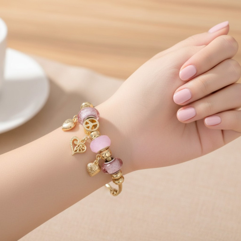 Bracelet charms doré coeurs roses et peace and love Acier