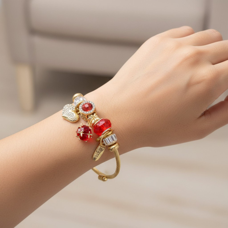 Bracelet charms doré coeur et strass rouge Acier
