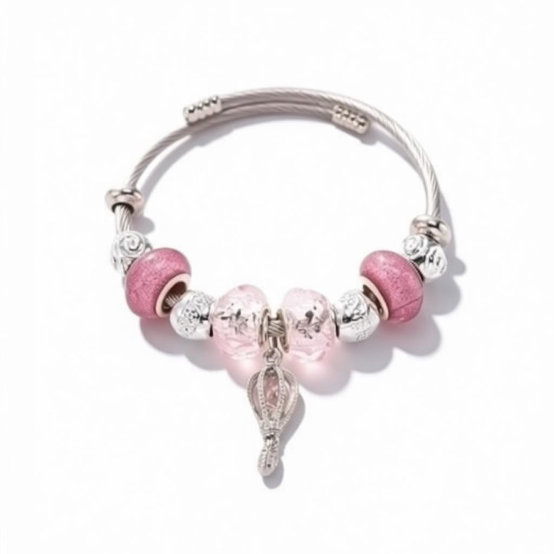 Bracelet charms argenté montgolfière et perles roses Acier