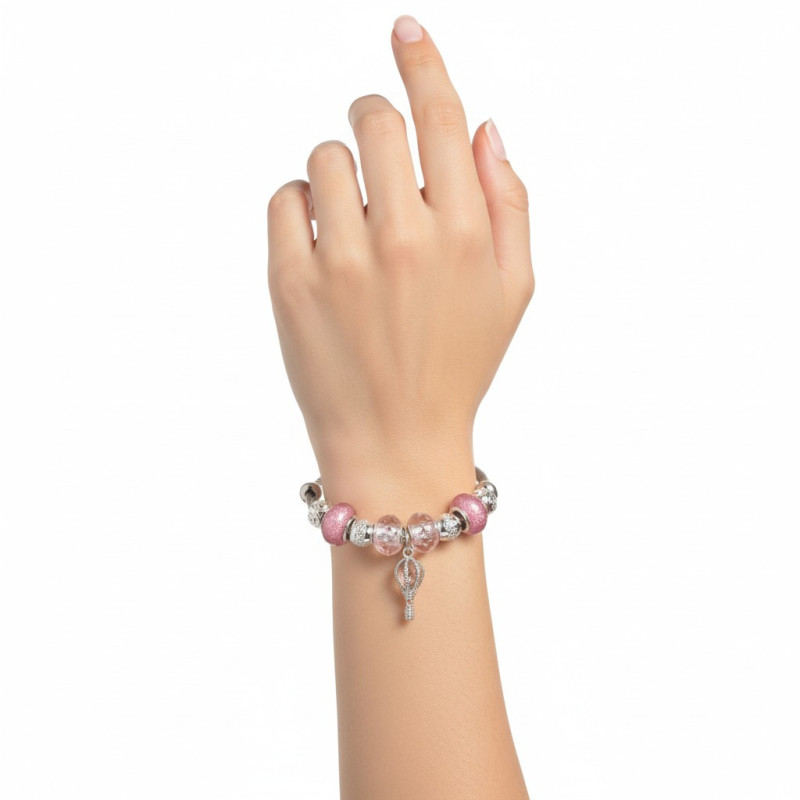 Bracelet charms argenté montgolfière et perles roses Acier