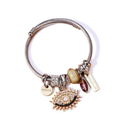 Bracelet charms argenté mauvais œil et perle dorée Acier