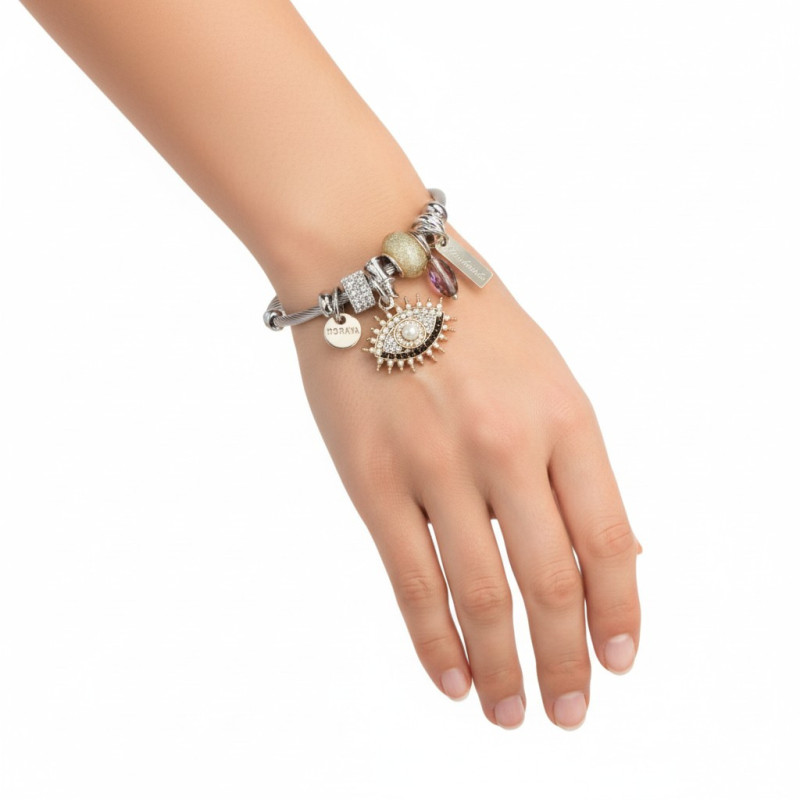 Bracelet charms argenté mauvais œil et perle dorée Acier